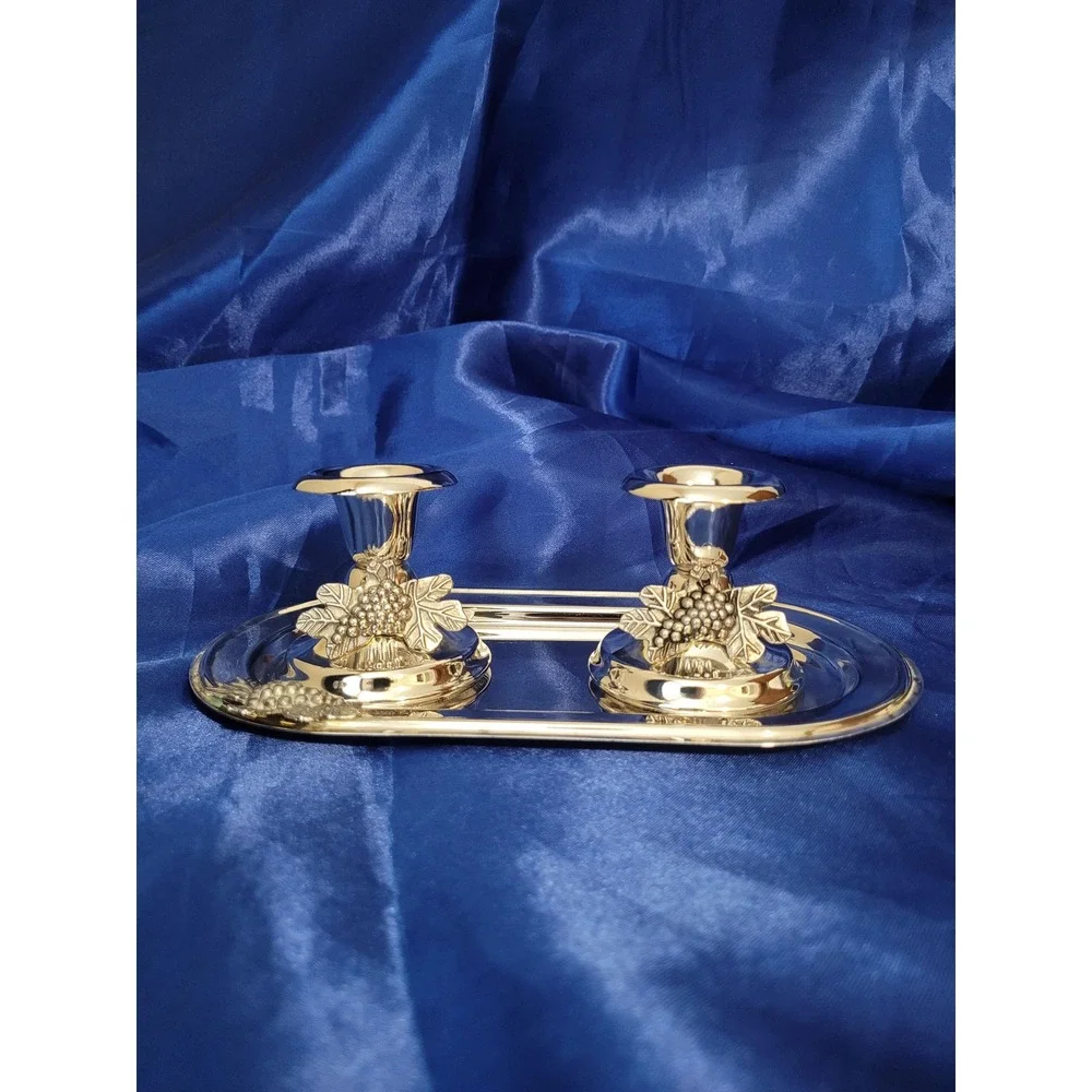 Silverplated Metal Candlestick Holders Grape Leaf Oval Tray Studio Silversmiths